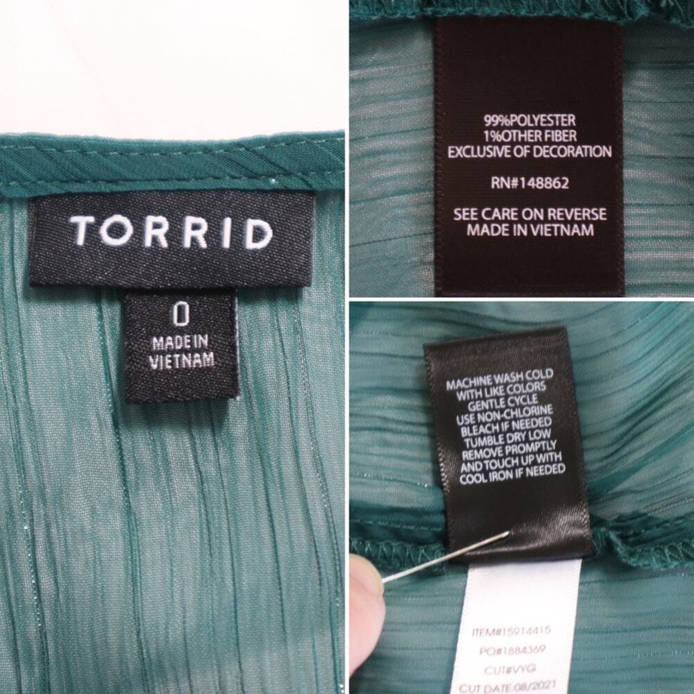 Torrid Size 0 L Babydoll Chiffon Blouse Bell Sleeve Lace-Up Green - Picture 11 of 12